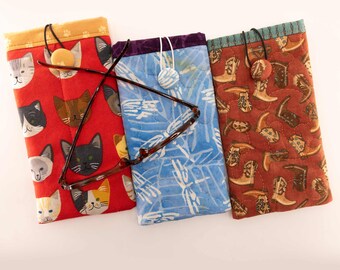 Eyeglass Cases, Soft, Cat Face, Blue Batik Dragonflys, Cowgirl Boots, Covered Button Enclosure, Sunglass Case, Glasses Protection