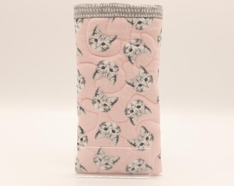 Quilted Pink Eyeglass Case with Gray Kitten Faces, Eye Wear Pouch, Cats, Sunglasses Case