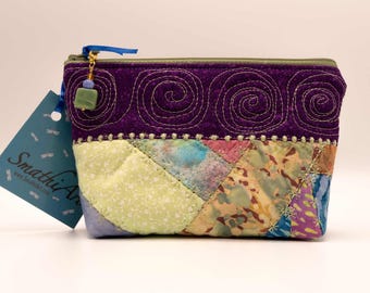 Small Zippered Pouch, Cosmetic Bag, Crazy Quilted, Decorative Stitching, Beaded Zipper Pull