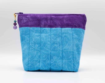 Blue and Purple Zippered Pouch, Medium Quilted Cosmetic Bag, Beaded Zipper Pull