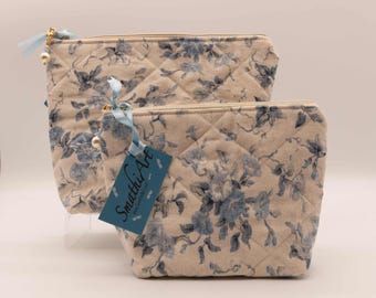 Vintage Waverly Floral Zippered Pouch: Blue Floral Cosmetic Bag with Pearl Pull