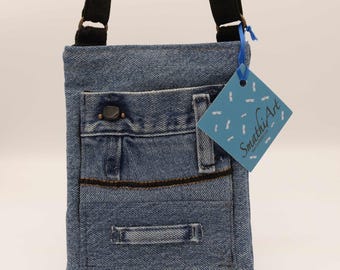 Recycled Denim Crossbody Bag: Beaded Accents, Adjustable Strap