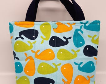 Child's Quilted Whale Purse, Small Colorful Tote, Inside Pocket, Snap Closure