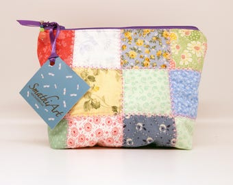 Shabby Chic Zipper Pouch, Pastel Colors, Quilted and Pink Decoratively Stitched Cosmetic Bag, Beaded Zipper Pull