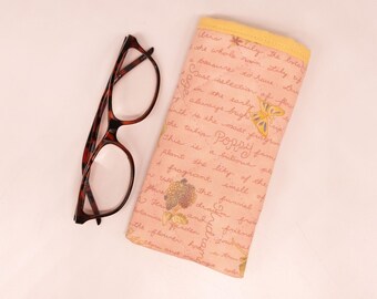 Eyeglass Case, Sun glass Case, Quilted Pastel Pink Garden Scripted Print, Pastel Yellow Lining