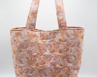 Tote, Medium Sized, Quilted, Swirl Free Motion Stitching, Soft Sided, Coral Floral with Pale Yellow Tinted Petals and White Accents
