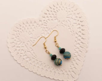 Earring Reconstituted Turquoise, Faceted Black Glass, Turquoise Color Glass Bead