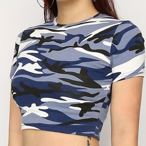 Camo Print Cropped - Blue Camouflage Shirt - Military Pattern Crop Top - Cute Streetwear Top