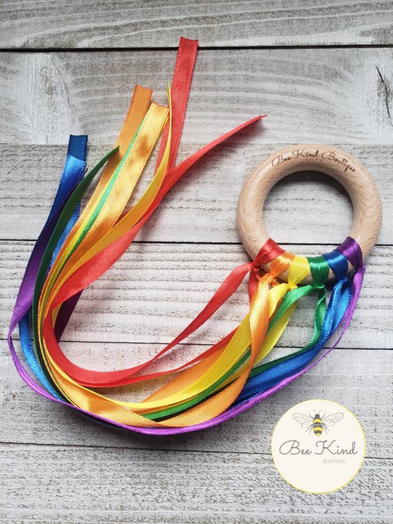 Montessori Hand Kite Bright Rainbow Ribbon Teething Ring