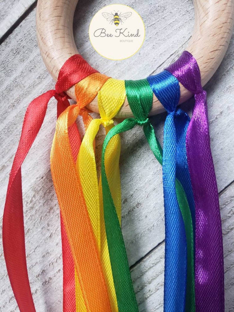 Montessori Hand Kite Bright Rainbow Ribbon Teething Ring