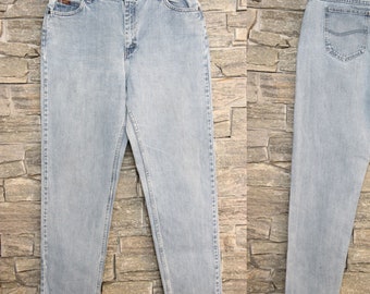 Jeans Lee Mom vintage de cintura alta, jeans Lee de cintura 35, jeans femininos de cintura alta Lee, tamanho 14 L, ajuste relaxado, jeans de perna reta