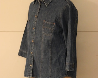 Vintage mom denim shirt , Half sleeved denim shirt , BIAGGINI denim shirt , Buttondown jean shirt , Thin denim blouse , Vintage Jean blouse