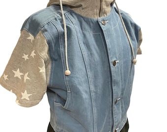 Vintage Denim-Hoodie-Jacke, Y2K Streetwear, Kurzarm-Jeansweste mit Kapuze, Unisex, blaue Baumwolljacke