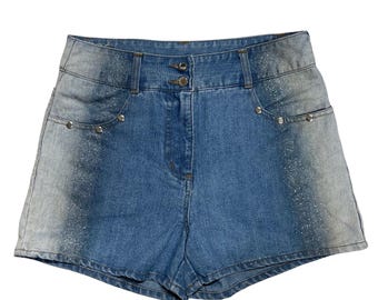 Vintage Y2K Denim Shorts , 26 Waist , Light Blue Denim Shorts , Cut-Off Style Women's Shorts , Ombre Silver Detail , 100% Cotton