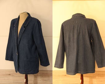 Veste surdimensionnée Denim des années 80, blazer foncé, veste Long Line, veste en jean vintage Large, veste en denim longue, taille L, veste taille Plus