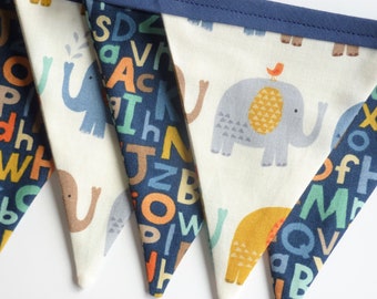 Handmade Elephant and Alphabet Navy Blue Nursery New Baby Children's Birthday Mini Fabric Bunting