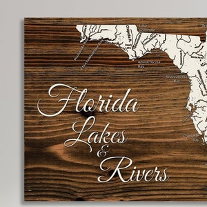 Lakes and Rivers, Florida Wood Engraved Maps | Wall Art | Wood Wall Decor | Wood Wall Map | Wood Engraved Map of Lakes and Rivers, FL