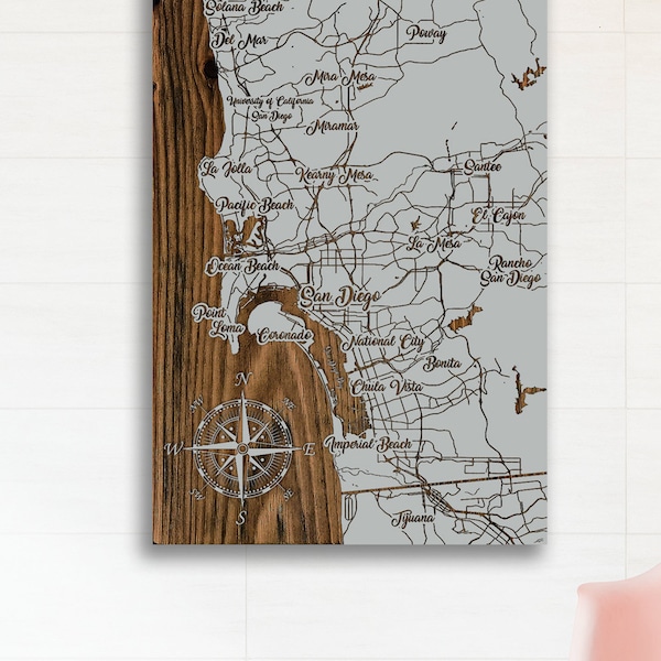 San Diego, California Whimsical Map | Wood Engraved Maps | Wall Art | Wood Wall Decor | Map Artwork | Wood Engraved Map of San Diego, CA
