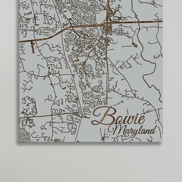 Bowie, Maryland Street Map | Wood Wall Decor | Home Decor | Wood Wall Map | City Street Map | Wood Engraved Map of Bowie, MD