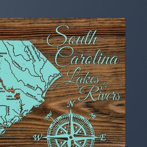 Lakes and Rivers, South Carolina Street Map| Wood Wall Decor | Wood Wall Map | Wood Engraved Map of Lakes and Rivers, SC | City Street Map