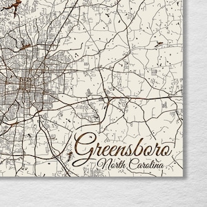 Greensboro, North Carolina Street Map | Wood Wall Art | Wood Wall Map | Wood Engraved Map of Greensboro, NC | Map Artwork | City Street Map