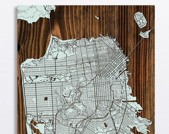 San Francisco, California Street Map | Wood Wall Art | Wood Wall Map | Wood Engraved Map of San Francisco, CA | Map Artwork |City Street Map