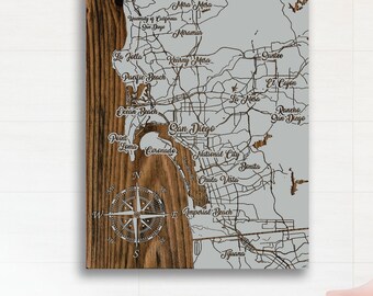 San Diego, California Whimsical Map | Wood Engraved Maps | Wall Art | Wood Wall Decor | Map Artwork | Wood Engraved Map of San Diego, CA