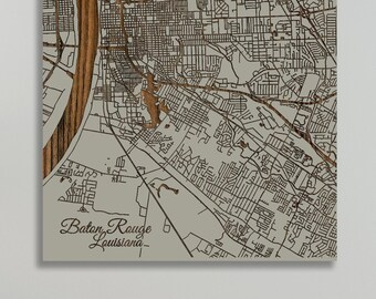 Baton Rouge, Louisiana Street Map | Wood Wall Art | Wood Wall Map | Wood Engraved Map of Baton Rouge, LA | Map Artwork | City Street Map