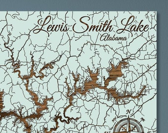 Alabama: Lewis Smith Lake Map; Wood Engraved Maps, Wall Art| Wood Wall Decor