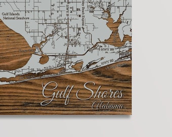 Gulf Shores, Alabama Street Map | Wood Engraved Maps | Wall Art| Wood Wall Decor | City Street Map | Wood Engraved Map of Gulf Shores, AL