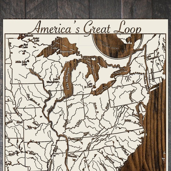Americas Great Loop Map, Great Loop Wall Art, America’s Great Loop Wood Engraved Maps, Great Loop Map Poster, Great Loop Map Wall Decor