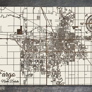 Fargo, North Dakota Street Map | Wood Wall Art | Wood Wall Map | Wood Engraved Map of Fargo, ND | Map Artwork | City Street Map | Home Decor