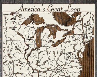 Americas Great Loop Map, Great Loop Wall Art, America’s Great Loop Wood Engraved Maps, Great Loop Map Poster, Great Loop Map Wall Decor