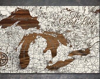 Great Lakes Street Map; Wood Engraved Map, Wall Art| Wood Wall Decor