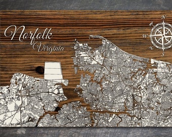 Norfolk, Virginia Street Map | Wood Wall Art | Wood Wall Map | Wood Engraved Map of Norfolk, VA | Map Artwork | City Street Map