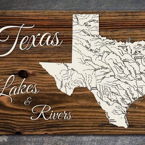 Texas Lakes & Rivers Map Art | Detailed Texas Waterways Print | Nautical Wall Art | River and Lake Wood Engrave Map | Home and Office Décor