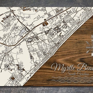 Myrtle Beach, South Carolina Street Map | Wood Wall Decor | Wood Wall Map | Wood Engraved Map of Myrtle Beach, SC | City Street Map