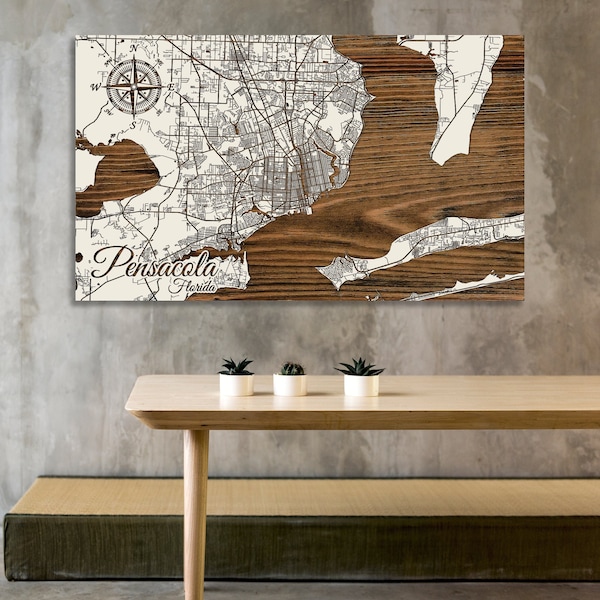 Pensacola Florida Street Map Art: Wood Engraved Coastal FL Wall Decor