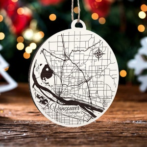 Vancouver, Washington Ornament | Gravierte Holz Landkarte Ornament | Handmade Urlaub & Wohndekor | Weihnachtsschmuck