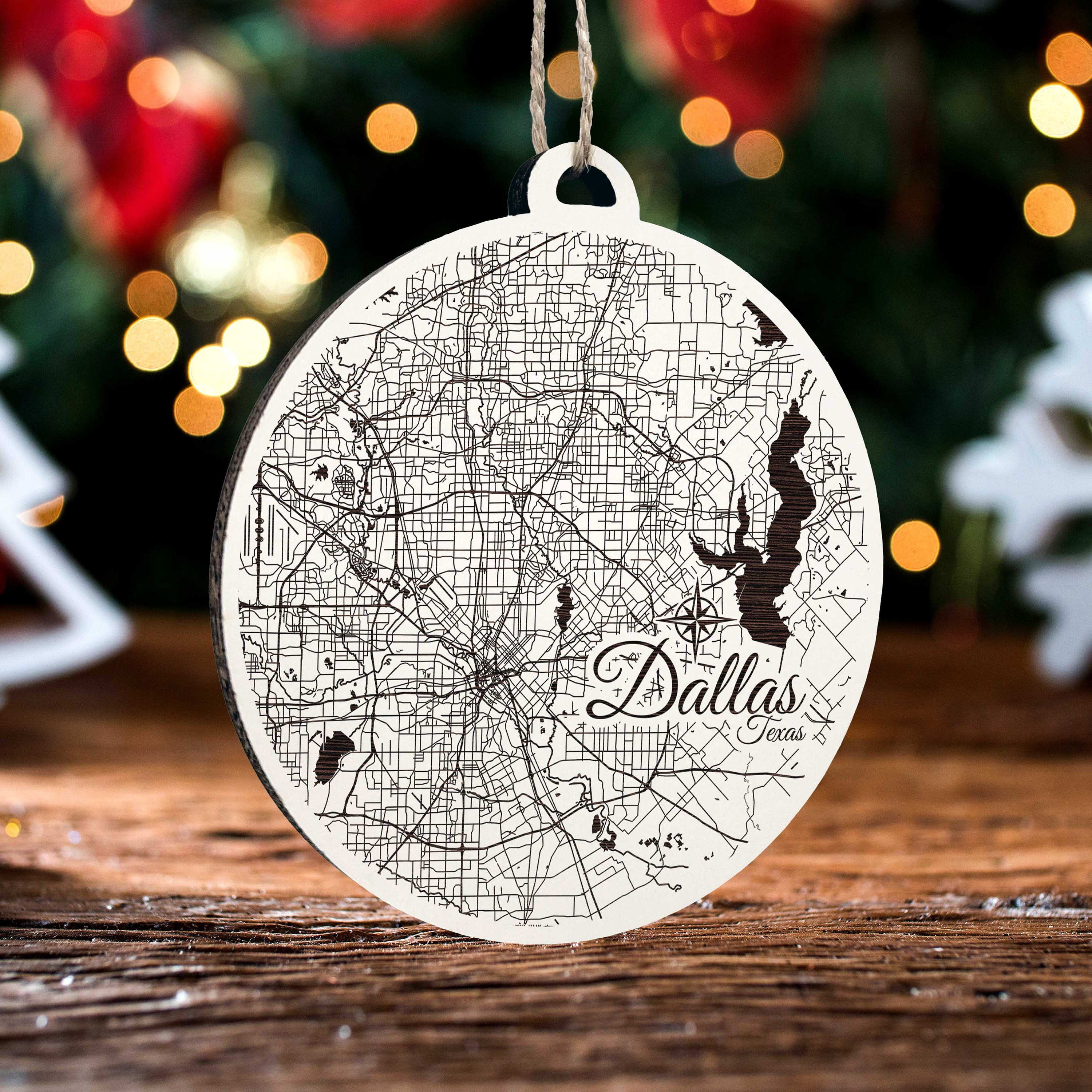 Engraved Dallas, Texas Wooden Map Ornament: Holiday Home Decor