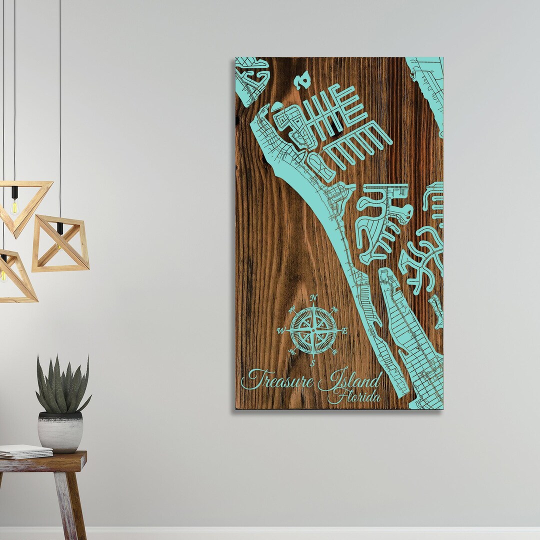 Treasure Island, Florida Street Map Wood Engraved Map Wall Art