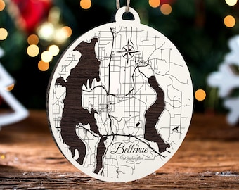 Bellevue, Washington Ornament: Engraved Wood Map, Handmade Holiday Decor
