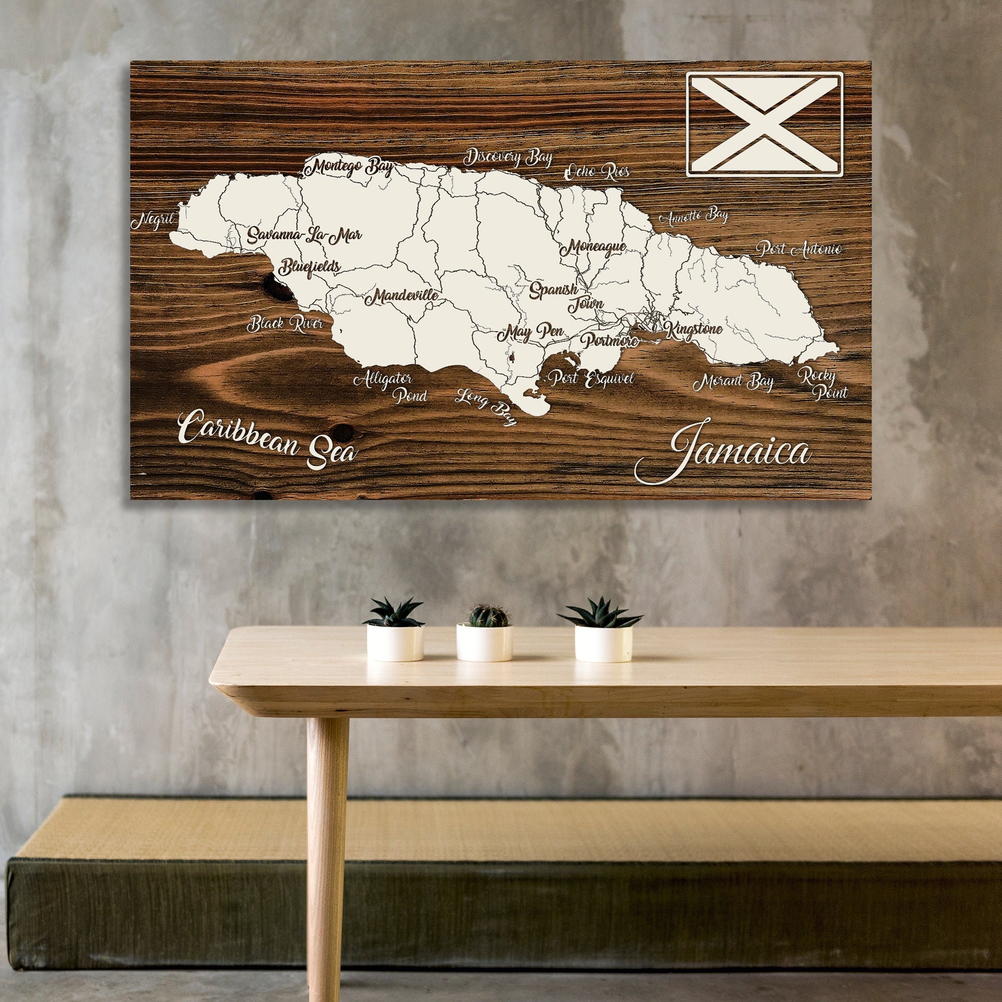 Jamaica Whimsical Map; Wood Engraved Maps, Wall Art| Wood Wall Decor
