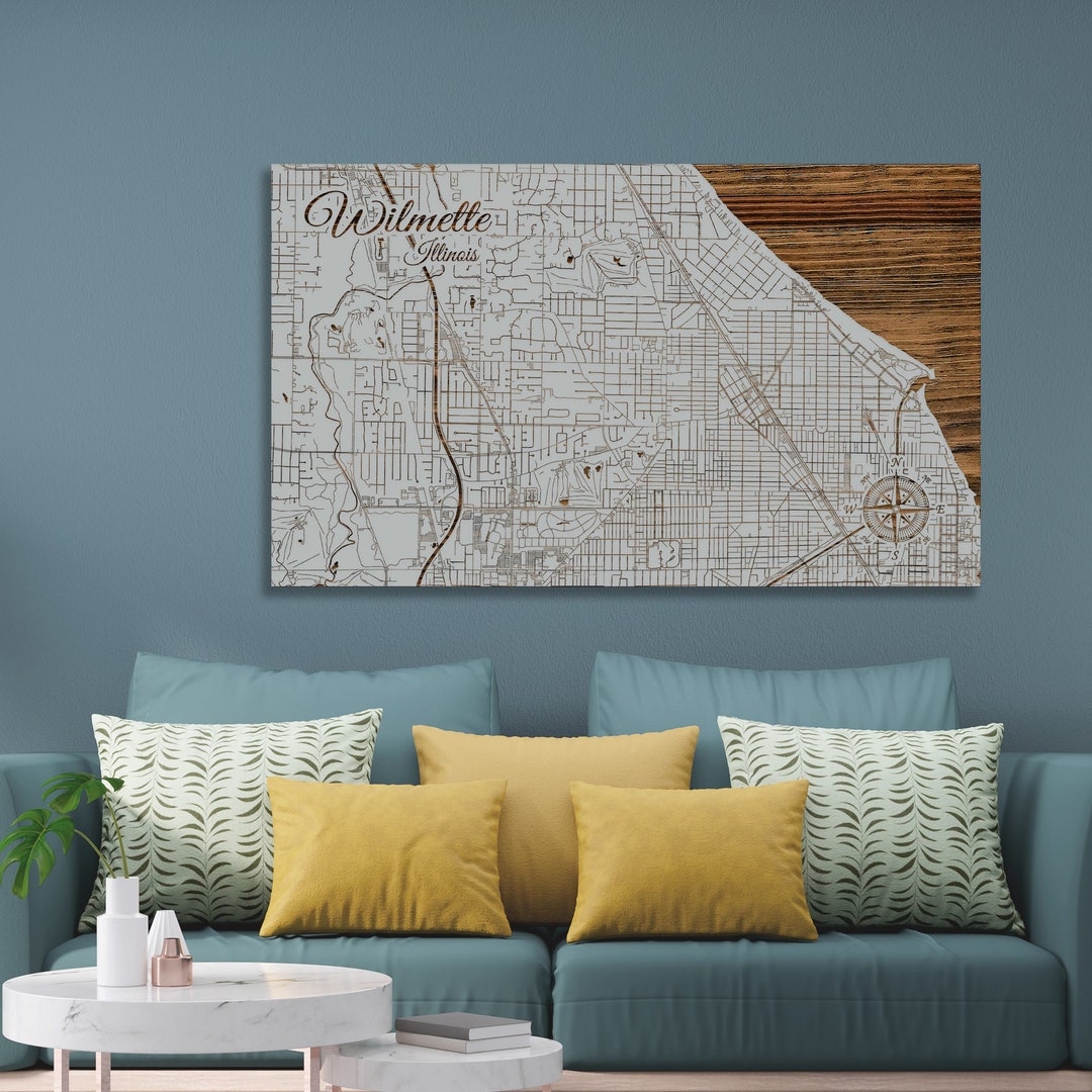 Illinois Wilmette Street Map Wood Engraved Maps Wall Art Etsy
