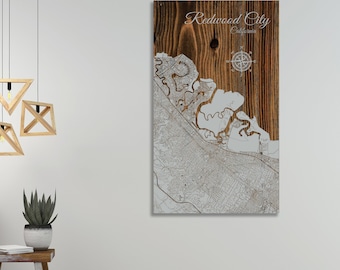 Redwood City California Street Map: Wood Engraved Wall Art