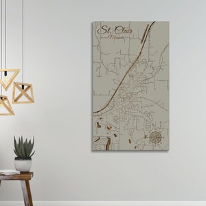 St. Clair, Missouri Street Map: Engraved Pine Wood Wall Art