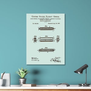 May include: A vintage patent drawing for a mouth harmonica. The drawing shows the harmonica in different views. The patent number is 588,920 and the date is August 24, 1897. The inventor is Jacob Hofer.
