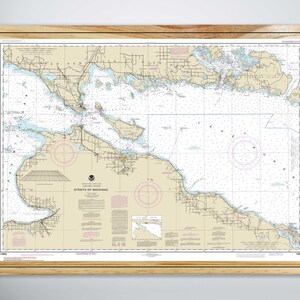 Straits of Mackinac Nautical Chart: Coastal Wall Art on Pine Wood