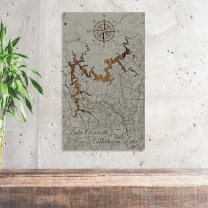 Lake Acworth and Lake Allatoona, Georgia Street Map | Wood Engraved Maps | Wall Art| Wood Wall Decor | Wood Wall Map  | Map Artwork