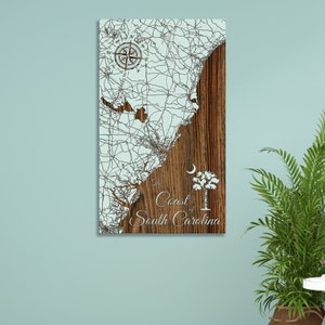 Coast of South Carolina, South Carolina Street Map | Wood Wall Decor | Wood Engraved Map of Coast of South Carolina, SC | City Street Map